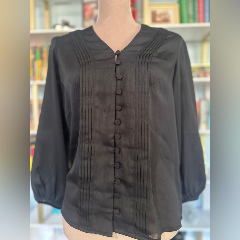 Express Black Blouse with Puff Sleeves and Bib Collar